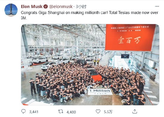 特斯拉上海工厂产量突破100万，马斯克发推庆祝
